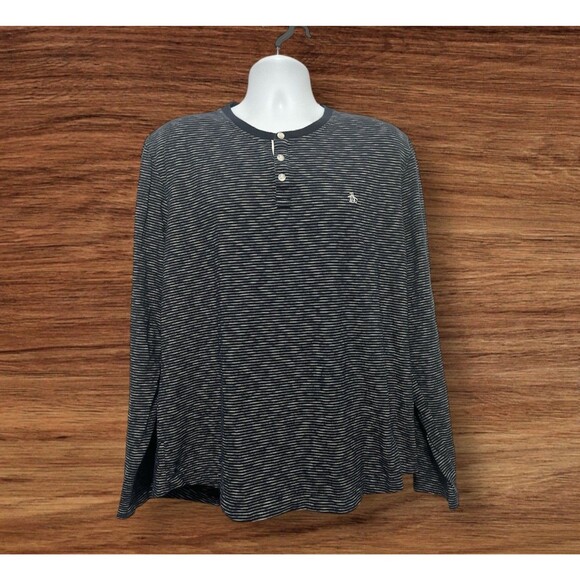 PENGUIN Navy Blue White Striped Henley Shirt XXL Short Sleeve Preppy Mens - Picture 2 of 12